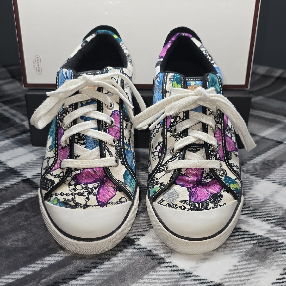 Vintage Coach Floral Canvas Low-Top Sneakers in White with Blue & Purple Accents